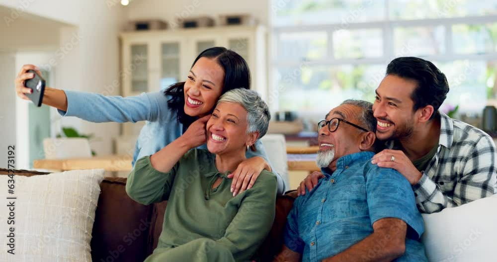 Selfie, family and couple with elderly parents on sofa, relax and happy in their home together. Love, photo and visit by man and woman in living room with senior father and mother for profile picture Selfie, family and couple with elderly parents on sofa, relax and happy in their home together. Love, photo and visit by man and woman in living room with senior father and mother for profile picture
