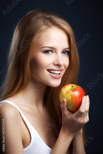 portrait of an attractive young woman eating an apple in studio