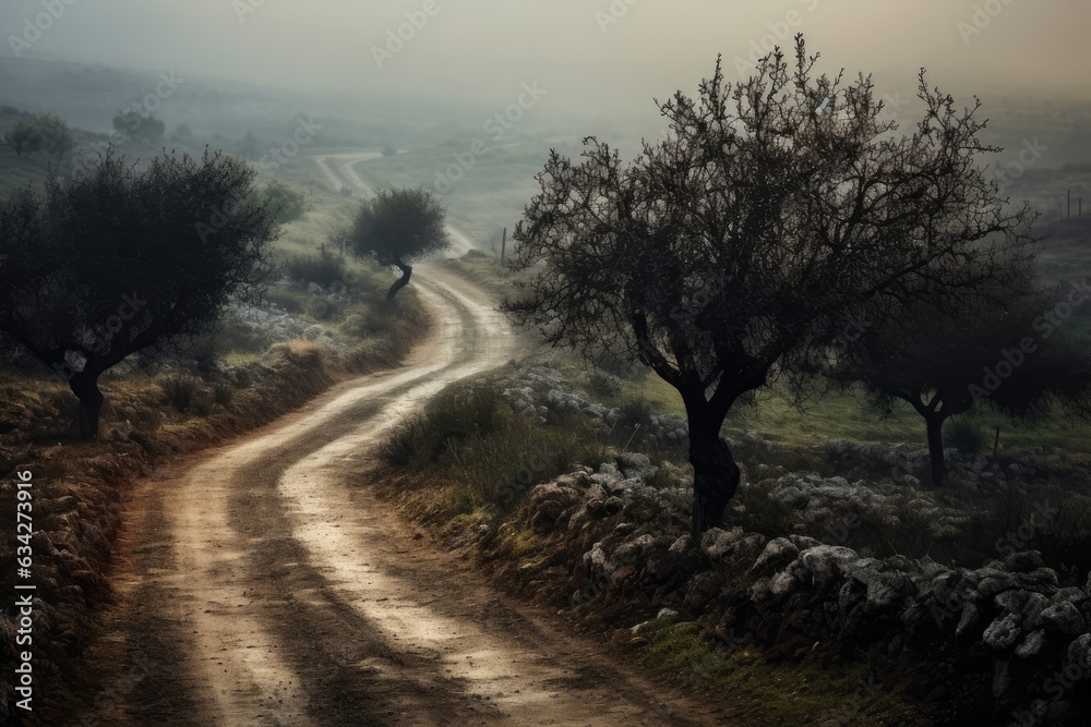 Gravel road through olive grove in the morning fog, Spain, An early morning elevated shot of a dirt road winding through overgrown brush, AI Generated Gravel road through olive grove in the morning fog, Spain, An early morning elevated shot of a dirt road winding through overgrown brush, AI Generated