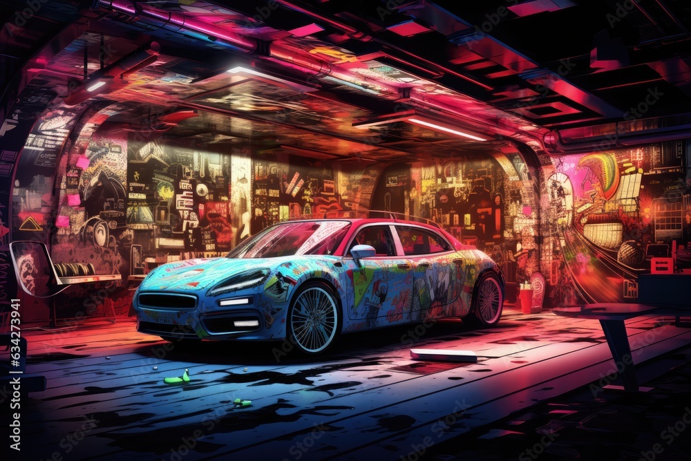 3D rendering of a futuristic car in a tunnel with neon lights, An imaginative image of a car hidden beneath a tunnel, AI Generated