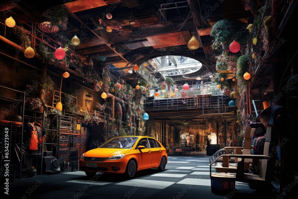 Fototapeta premium 3d rendering of an orange car in a cafe in the city. An imaginative image of a car hidden beneath a tunnel, AI Generated