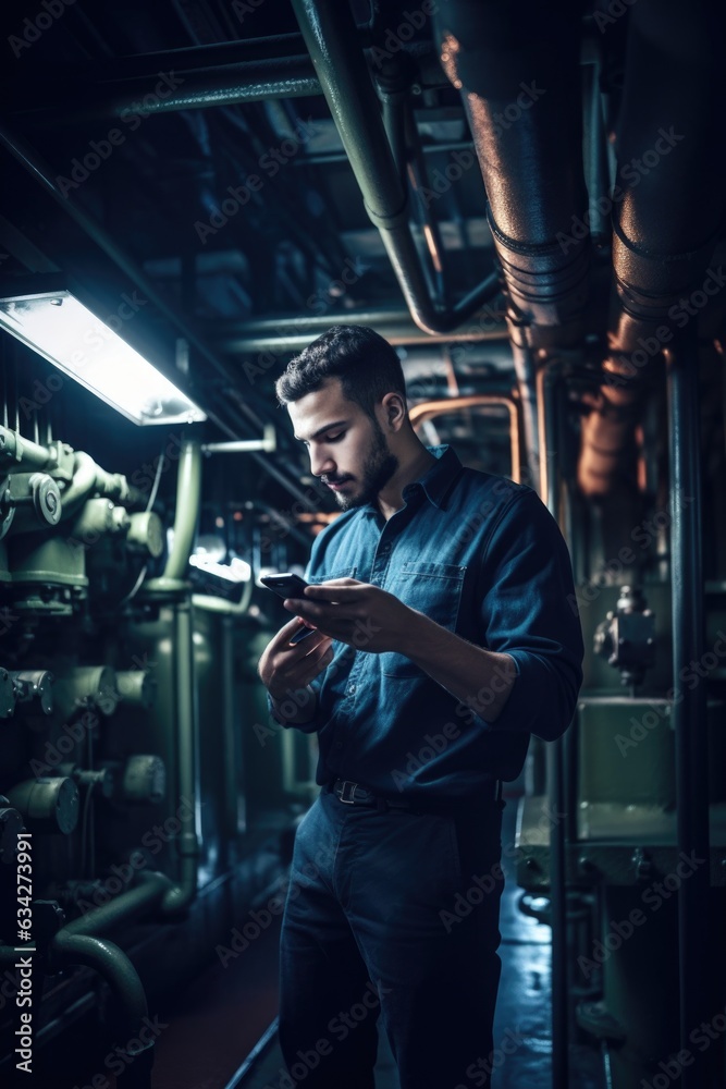 shot of a young man using a cellphone while working in an engine room