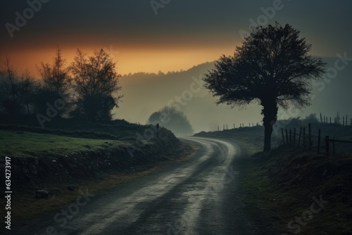 Sunset in the English countryside with a misty road and trees, An early morning elevated shot of a dirt road winding through overgrown brush, AI Generated © Ifti Digital