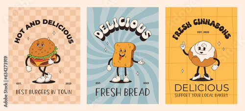 Vector cartoon retro mascot of bread, pastry, burger, sandwich. Vintage style 70s, 60s, 50s character. Groovy poster for bakery and restaurants