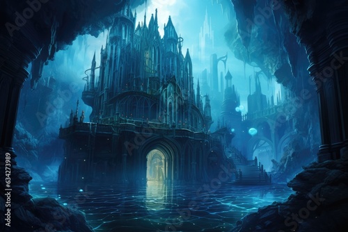 Fantasy landscape with a fantasy castle in a cave. 3d rendering, An underwater city where marine creatures and humans coexist, AI Generated