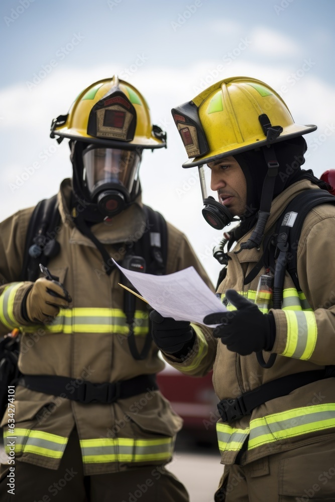 shot of two firefighters discussing something on a clipboard shot of two firefighters discussing something on a clipboard