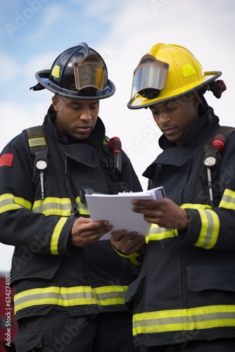 shot of two firefighters discussing something on a clipboard