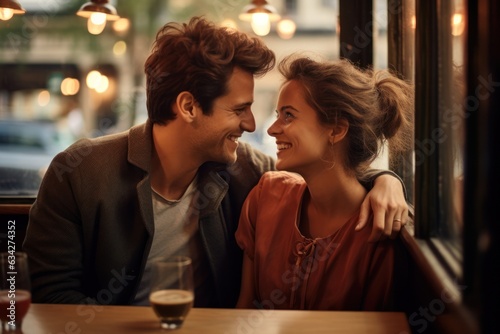Couple enjoying romantic date at modern restaurant. Man and woman sitting at table, drinking coffee and talking. Concept of love and togetherness.