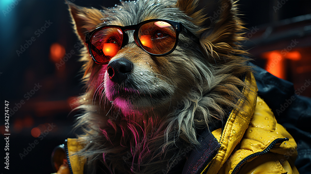 Photo of a dog wearing a jacket in trending colors, neon and cyberpunk, concept for a veterinary clinic