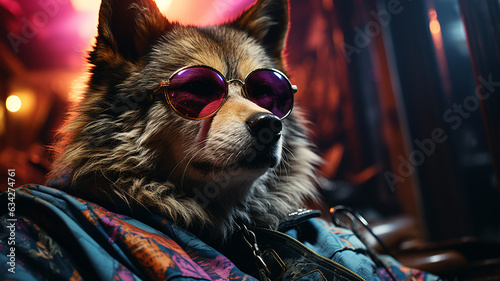 Photo of a dog wearing a jacket in trending colors, neon and cyberpunk, concept for a veterinary clinic