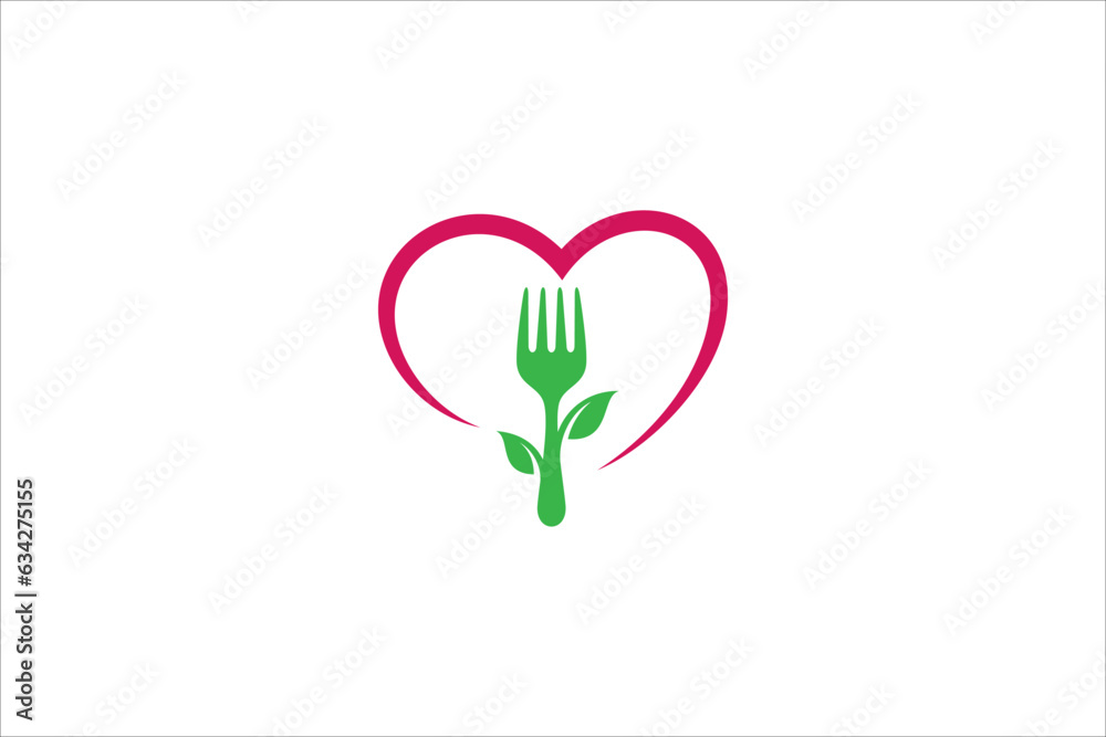 Fork logo design with leaf and heart combination Fork logo design with leaf and heart combination