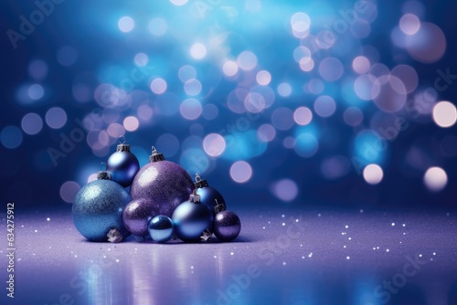 Christmas and New Year background with Christmas ball on purple and blue bokeh background. Created with generative AI
