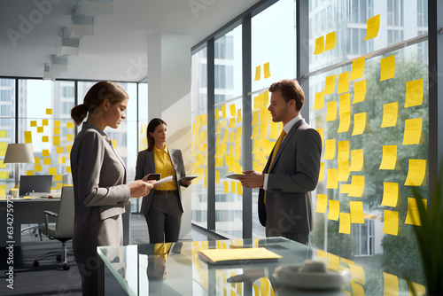 business people working together. yellow sticker notes on window. woman manager.  modern office company. 