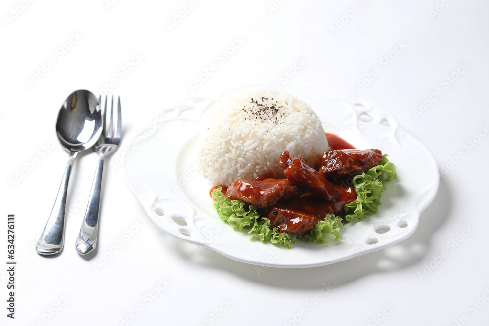 stir fried fresh pork ribs, fish, chicken meat in sweet and sour ketchup tomato sauce with jasmine rice and lettuce on wood tray white background asian chef halal food restaurant banquet cafe menu stir fried fresh pork ribs, fish, chicken meat in sweet and sour ketchup tomato sauce with jasmine rice and lettuce on wood tray white background asian chef halal food restaurant banquet cafe menu