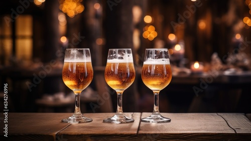 Three glasses of beer on a wooden table with bokeh lights in the background.