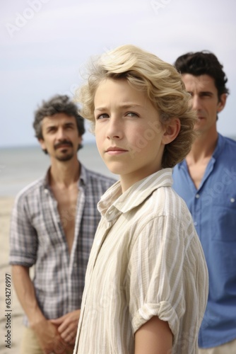 portrait of a young boy standing between his parents at the beach