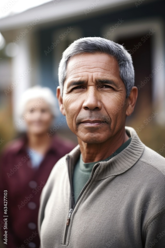 portrait of a mature man standing outside with his family in the background portrait of a mature man standing outside with his family in the background