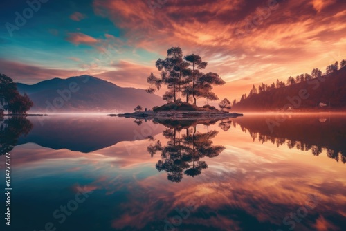 Tranquil lake at sunset
