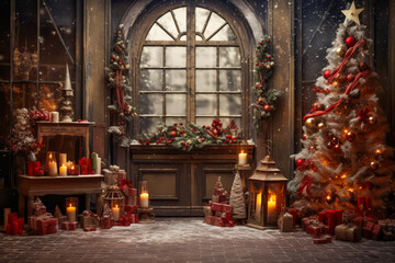 Stylish interior of living room with fireplace decorated Christmas tree. Christmas decoration.