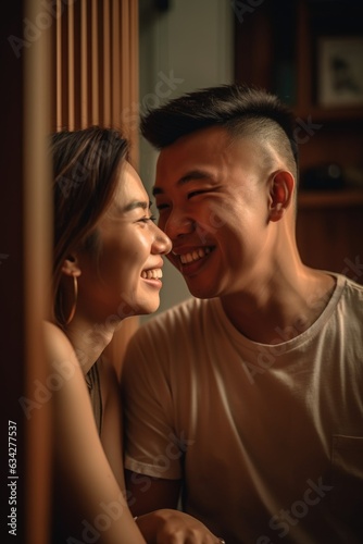 love, happy and couple relationship with a smile on face in their home