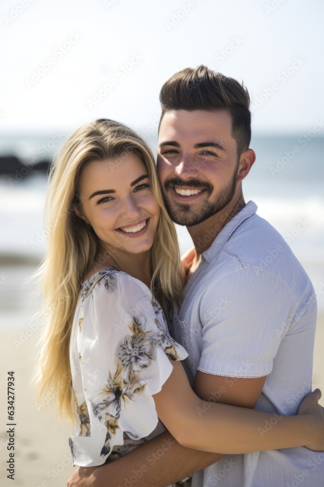 a happy young couple embracing on the beach together a happy young couple embracing on the beach together