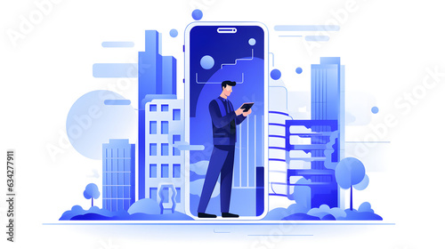 network concept with the city Vector illustration, global social network futuristic illustration, mobile controlling concept, smart city flat design, Urban landscape