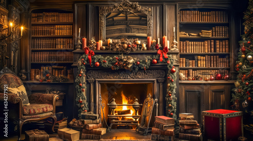 Stylish interior of living room with fireplace decorated Christmas tree. Christmas decoration.