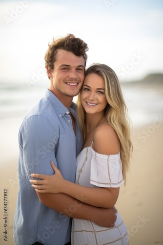 a happy young couple embracing on the beach together