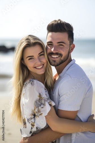 a happy young couple embracing on the beach together