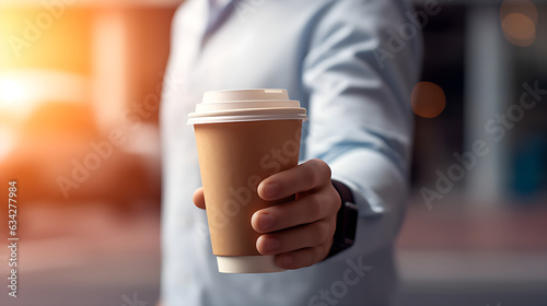 Man in white shirt holding coffee paper cup in hand. Close up.