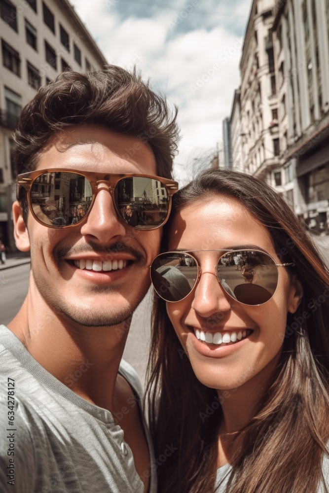 a holiday selfie of a smiling couple wearing sunglasses in the city