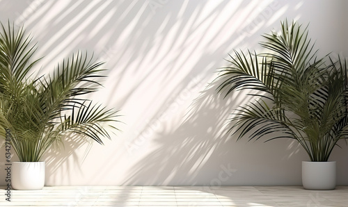 Minimalistic light background with palm trees and blurred foliage shadow on a light wall. Generated AI.