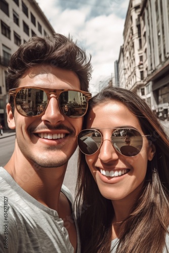 a holiday selfie of a smiling couple wearing sunglasses in the city