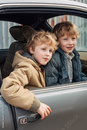 two young boys sitting in a car outside © Natalia