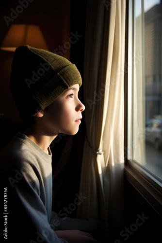 a young boy looking out of his hotel window