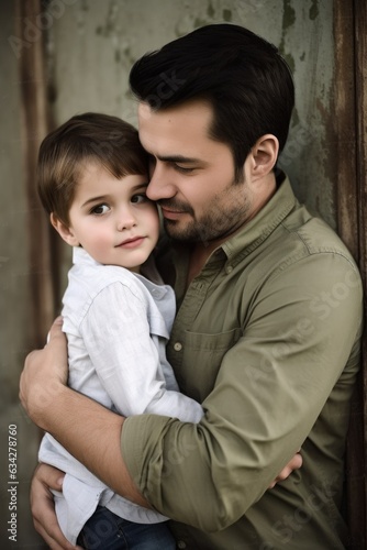 an adorable little boy hugging his father from behind