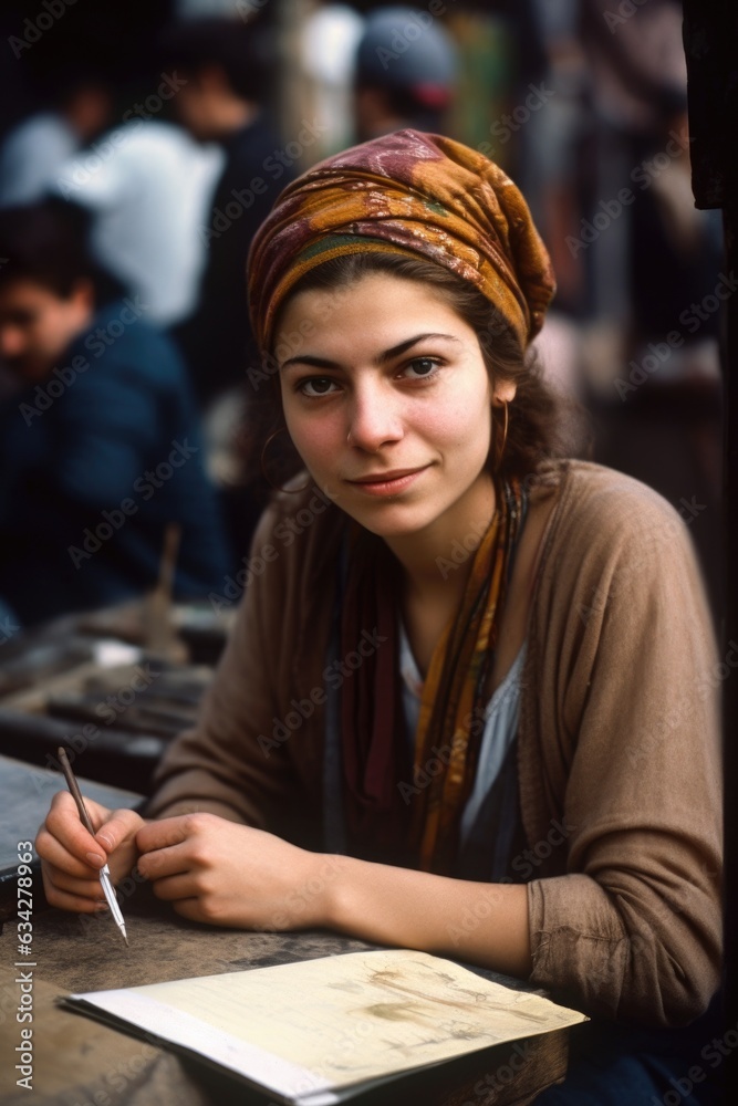 portrait of a young woman sketching at her market stall portrait of a young woman sketching at her market stall