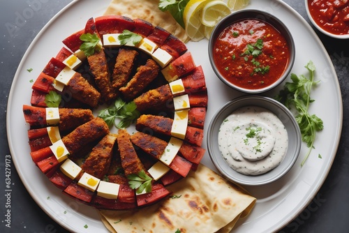 Top view lule kebab with tomato and onion and ayran on stone background photo