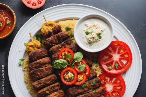 Top view lule kebab with tomato and onion and ayran on stone background