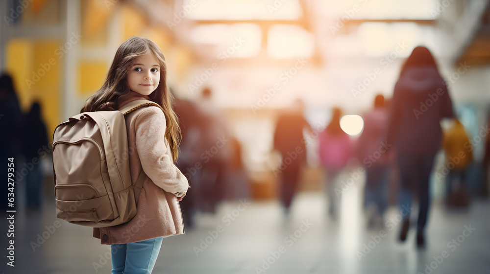 Girl with backpack walking in the school. 