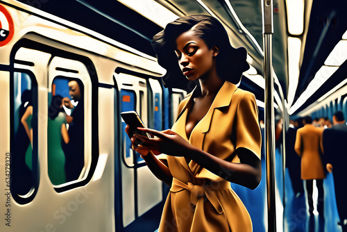 SWoman Standing and Using Smartphone on the Subway