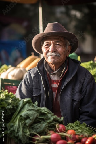 portrait of a vendor selling fresh produce at an outdoor market