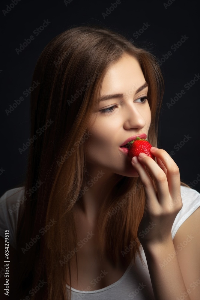 studio shot of an attractive young woman eating a strawberry against a grey background studio shot of an attractive young woman eating a strawberry against a grey background