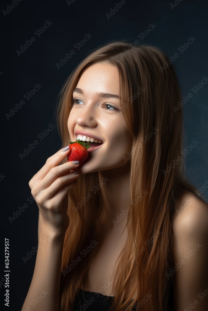 studio shot of an attractive young woman eating a strawberry against a grey background studio shot of an attractive young woman eating a strawberry against a grey background
