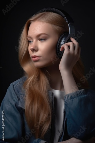 studio shot of a beautiful young woman using headphones against a grey background