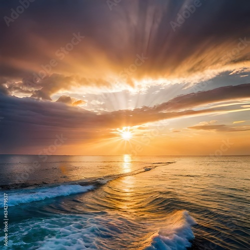 Dramatic Colorful Sunset Sky over Mediterranean Sea. Clouds with Sunrays.AI generated