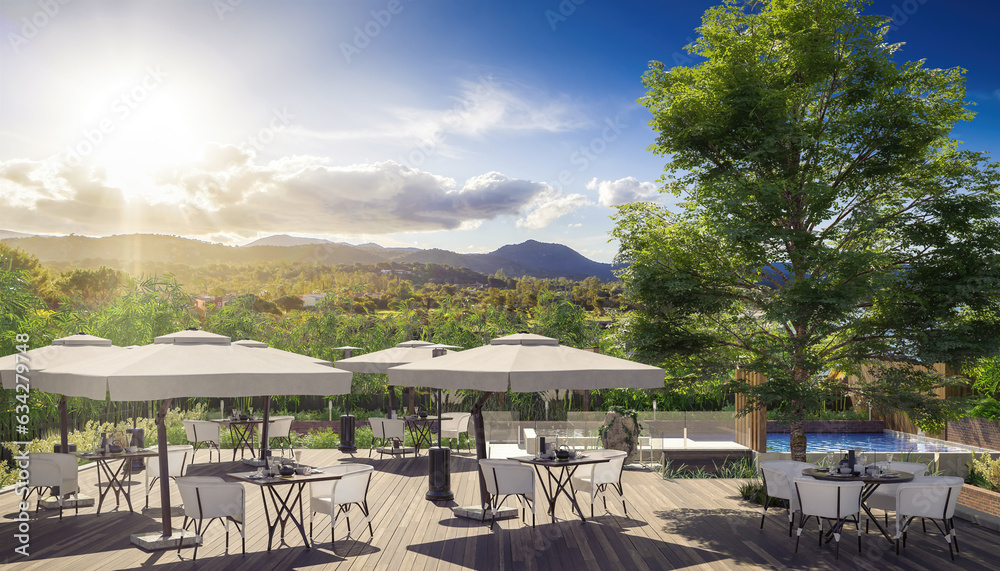 Terrace-Restaurant Area with Outdoor Greening at a Swimming Pool - 3D Visualization