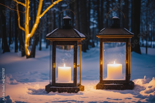 Two burning lanterns in the snow at twilight