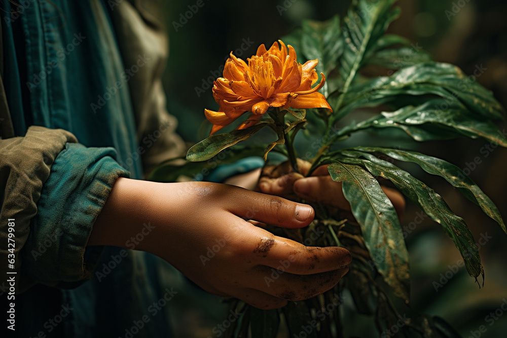 close-up of a child's palm holding a delicate flower or exploring the textures of leaves, reflecting their innate curiosity