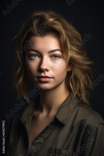 studio shot of a beautiful young woman posing against a grey background © Natalia